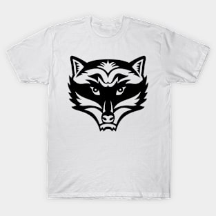 Head of an Angry North American Raccoon Front View Mascot Black and White T-Shirt